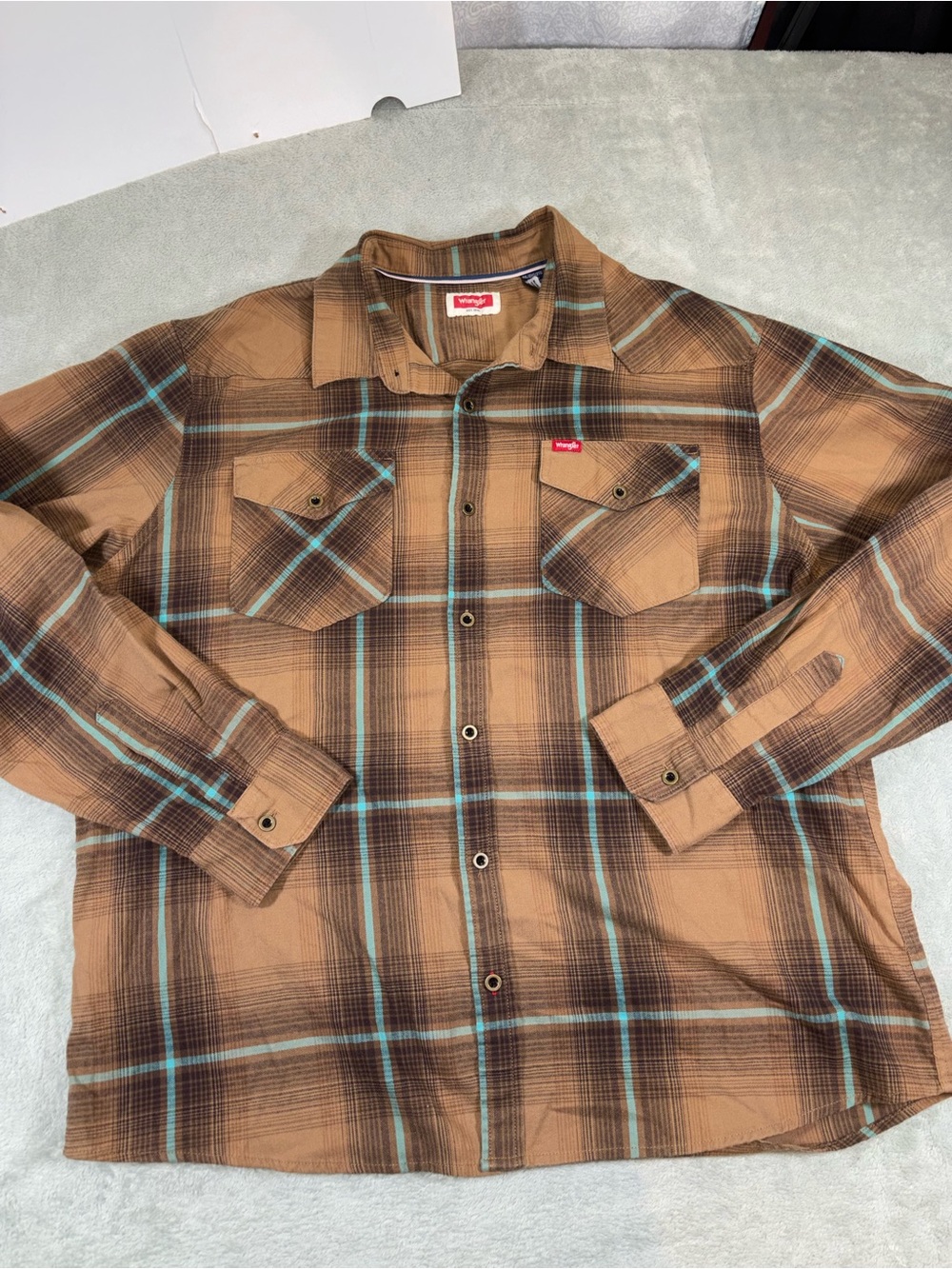 Wrangler Men's Brown & Turquoise Plaid Long Sleeve Button Up Shirt - 2XL